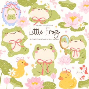 Little Frog Clipart Set, Cute Green Frog and Duck Pond Elements, Kawaii Lily Pad Flower Cartoon Bundle, Baby Animal Pastel Spring Clip Art