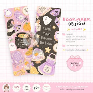May include: Two vertical bookmarks featuring whimsical illustrations of ghosts, pumpkins, a cauldron with the text 'stir in kindness & magic', a spell book, and baking items. The right bookmark includes the text 'A Little Magic Between the Pages'.