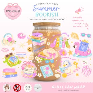 May include: A digital illustration featuring a glass can wrap with a summer and bookish theme. The design includes books, seashells, a flamingo float, and the text "Summer Bookish." The wrap is available in two sizes: 9.75" x 5" and 9.4" x 4".