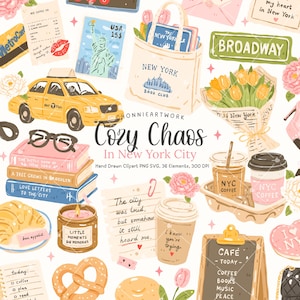 Può includere: Una collezione di clipart disegnate a mano a tema New York City. Include un taxi giallo, una borsa con libri, un mazzo di tulipani, tazze di caffè, libri, un croissant e una candela. È presente anche il testo "Cozy Chaos In New York City".