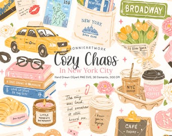 May include: A collection of hand-drawn New York City themed clipart. Includes a yellow taxi, a tote bag with books, a bouquet of tulips, coffee cups, books, a croissant, and a candle. The text "Cozy Chaos In New York City" is also present.