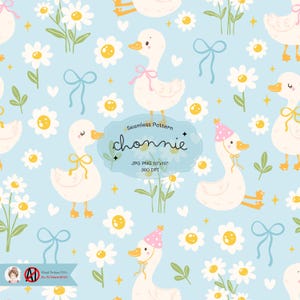 Cute Goose and Daisy Seamless Pattern Cute Girly Goose Repeating Goose Pattern Background Cute Duck Seamless Pattern PNG JPG Silly Goose PNG