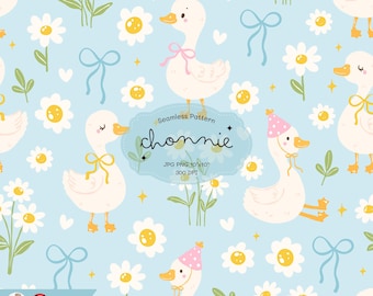Cute Goose and Daisy Seamless Pattern Cute Girly Goose Repeating Goose Pattern Background Cute Duck Seamless Pattern PNG JPG Silly Goose PNG