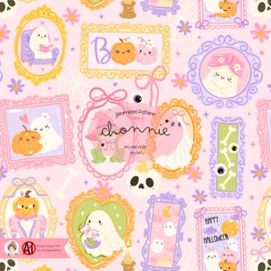 May include: A seamless pattern featuring whimsical Halloween-themed illustrations. The design includes ghosts, pumpkins, and the word "Boo" in decorative frames, all set against a soft pink background. The text "chonnie" is also present.