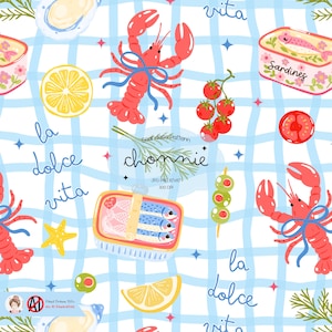 May include: Seamless pattern featuring illustrations of lobsters, sardines, tomatoes, olives, and lemons on a blue and white checkered background. The text "la dolce vita" is written in cursive. The pattern includes the text "chonnie" and "Sardines".