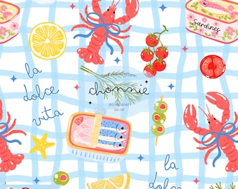 La Dolce Vita Seamless Pattern, Sardines Repeat Pattern,lobsters Background, Italian Kitchen Gingham Design, Cute Mediterranean Seamless PNG