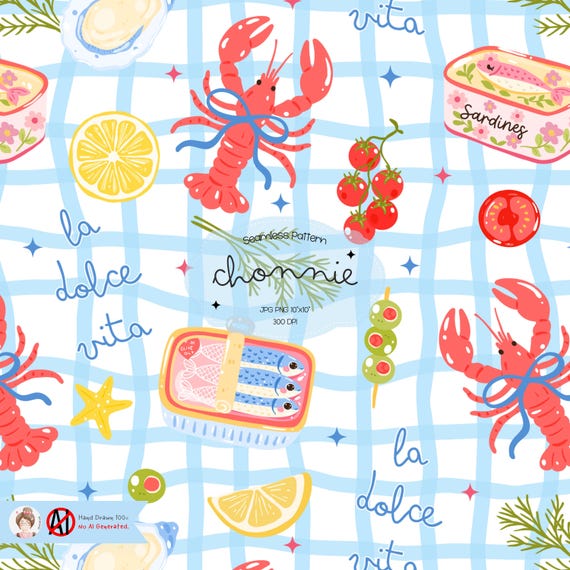 La Dolce Vita Seamless Pattern, Sardines Repeat Pattern,lobsters Background, Italian Kitchen Gingham Design, Cute Mediterranean Seamless PNG