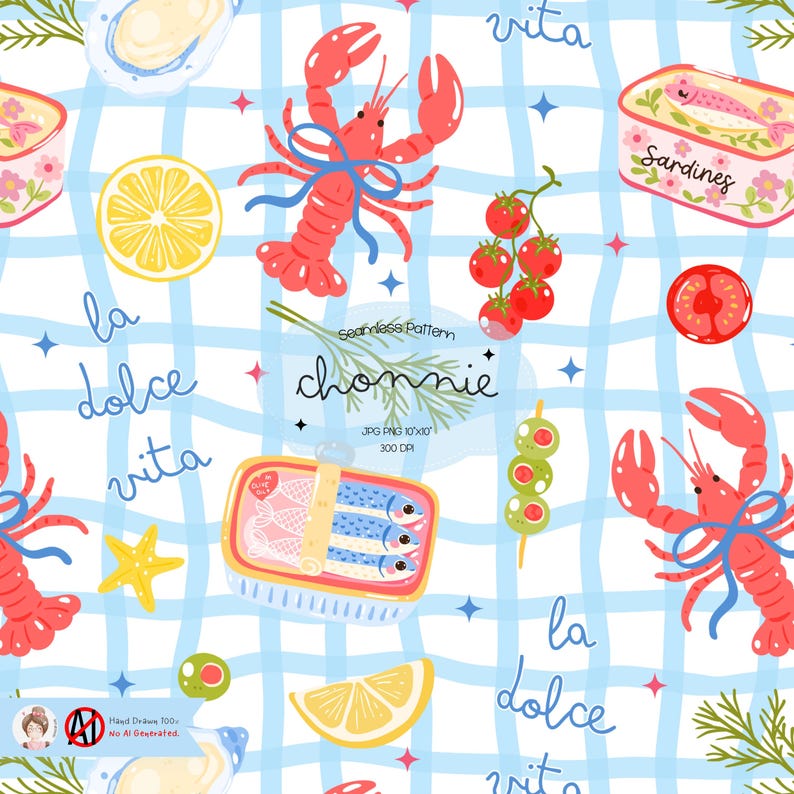 May include: A seamless pattern with illustrations of lobsters, sardines, tomatoes, olives, and lemons on a blue and white checkered background. The text "la dolce vita" is written in cursive. The pattern includes the text "chonnie" and "Sardines".