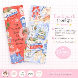 May include: Two vertical bookmarks featuring festive Parisian illustrations. The left bookmark is red with the text My Favorite Season Is Reading Season, books, a blue shopping bag, and snowflakes. The right is blue with macarons, a snow globe, and books.
