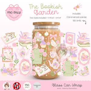 May include: A glass can wrap featuring a whimsical design with the text "The Bookish Garden." The design includes illustrations of books, teacups, birds, flowers, and cakes in shades of pink, purple, and green. The wrap comes in two sizes: 9.75" x 5" and 9.4" x 4".