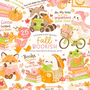 Peut inclure: Illustration fantaisiste sur le thème de l'automne, avec un raton laveur, un renard et d'autres personnages lisant des livres. L'image comprend des citrouilles, des feuilles et le texte "Fall Bookish". L'œuvre a une ambiance chaleureuse et automnale.