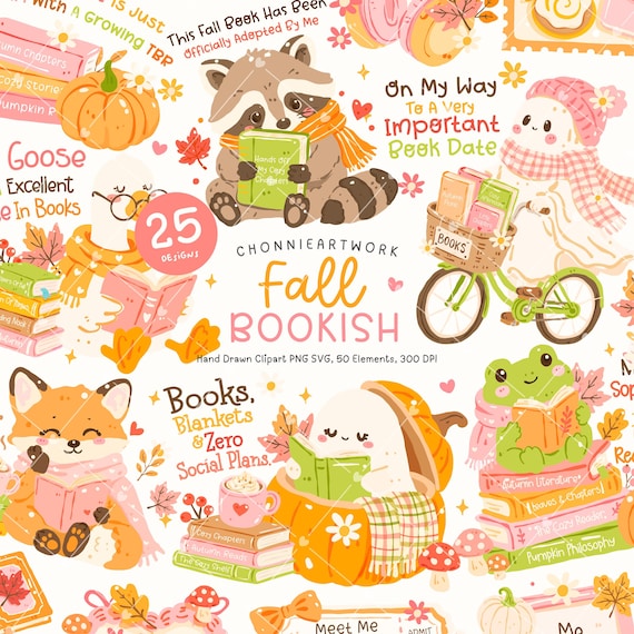 Bookish Fall PNG Bundle, Fall Bookish Stickers, Autumn Bookish Clipart, Cute Book Lover PNG, Pumpkin Reading Aesthetic, Fall Reader Sticker