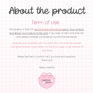 May include: A pink and white graphic with the text "About the product" and "Term of Use". The text states the graphic is free for personal and commercial use, allowing sales up to 100 units. A pink heart-shaped logo with the text "Chonnie Chan" is at the bottom.