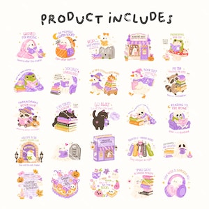 Puede incluir: Una colecci&oacute;n de ilustraciones caprichosas con personajes lindos como fantasmas y gatos, todos con el tema de la lectura y los libros. El texto "PRODUCT INCLUDES" est&aacute; en la parte superior. Cada imagen tiene una frase &uacute;nica, como "GHOSTED FOR READING" y "PARANORMAL BOOK CLUB."