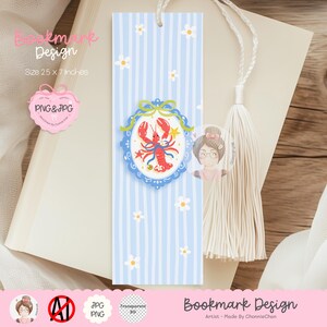 May include: A blue and white striped bookmark with a lobster illustration in an oval frame. The bookmark has a white tassel and small daisy accents. The bookmark measures 25 inches by 7 inches.