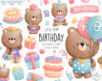 Little bear birthday clipart, birthday bear clipart, baby shower clipart, bear clipart, teddy bear clipart, birthday clipart