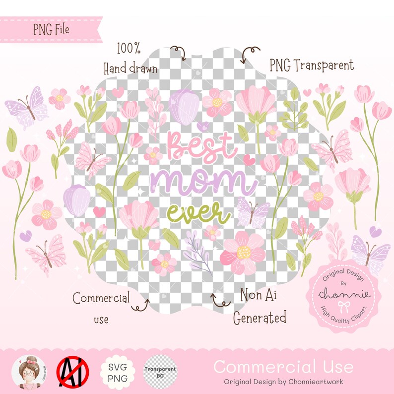 Puede incluir: Una ilustraci&oacute;n digital de flores rosas y mariposas con el texto "Best Mom Ever" en letras moradas, verdes y rosas. La imagen est&aacute; sobre un fondo transparente.