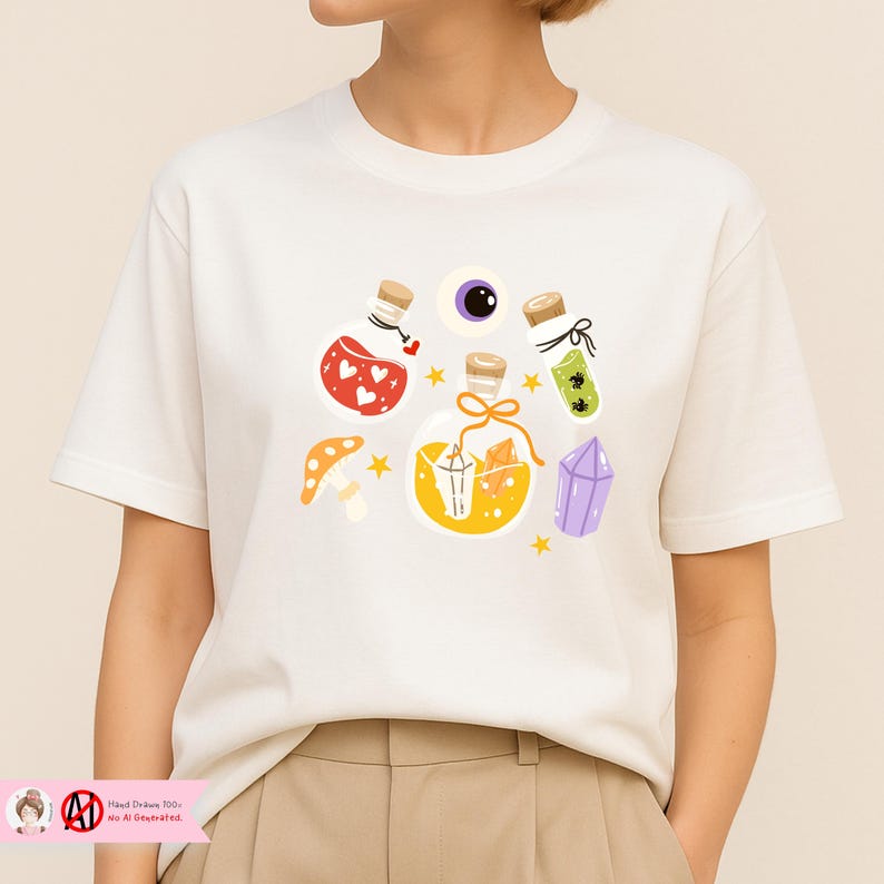 May include: Cream-colored t-shirt featuring a whimsical illustration of potion bottles, a purple eye, a mushroom, and a crystal. The bottles contain various colorful liquids and decorative elements. The design includes small stars.