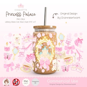 May include: A set of digital clipart featuring a princess palace, a teddy bear, a crown, a butterfly, a teacup, a mirror, a bow, and a candle. The clipart is in pink, white, and gold colors. The clipart is designed for commercial use.