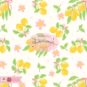 May include: Seamless pattern featuring yellow lemons on green branches tied with pink ribbons, interspersed with pink flowers and green leaves, set against a cream background. The design includes the text "chonnie" and "Seamless Pattern".