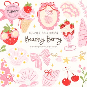 May include: A set of 28 summer-themed clip art illustrations featuring pink and white seashells, a strawberry ice cream cone, a strawberry sundae, a strawberry with sunglasses, a pink bow, a string of gold stars and seashells, and two red cherries.