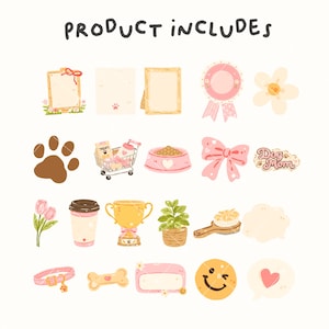 May include: A collection of illustrated elements, including a paw print, dog bowl, bow, and trophy. The text "PRODUCT INCLUDES" is at the top. Other items include a coffee cup, dog collar, and a speech bubble with a heart.