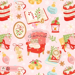 May include: A seamless pattern featuring Christmas-themed illustrations on a pink background. The design includes books, ornaments, gingerbread men, mugs, a red armchair with a cat, and the text "chonnie".