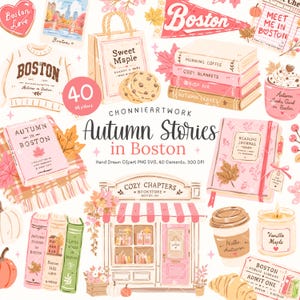 May include: A digital collection of 40 hand-drawn illustrations titled Autumn Stories in Boston, featuring a bookstore, books, coffee cups, a sweater, a shopping bag, cookies, pumpkins, and autumn leaves in a soft pink, cream, and brown color palette.
