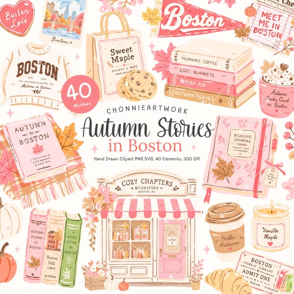 Boston herfst clipart png, herfst boston aquarel clipart, gezellige boekhandel, boekenliefhebber, Boston stickers, herfst boston, schoolse clipart