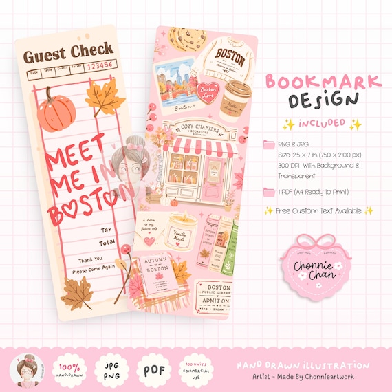 Boston Autumn Bookmark, Bookish Fall Bookmark, Cozy Reading Gift, Cute Book Lover Bookmark, Printable Bookmark, Digital Download, Boston PNG