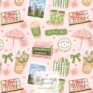 May include: Seamless pattern featuring Seattle-themed illustrations on a pink background. Includes images of the Space Needle, Public Market Center signs, coffee cups, books, umbrellas, and floral accents. The text includes "Seattle, WA" and "Rainy Days & Good Books".