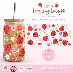 May include: A digital design featuring a pattern of red ladybugs and pink, white, and yellow flowers on a light brown background. The design is for a 16-ounce Libbey glass can, measuring 9.75 inches by 5 inches. The text "Floral Ladybug Delight" is at the top of the design.