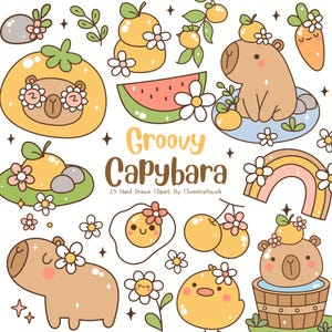 Peut inclure: Un ensemble de 29 illustrations clipart dessinées à la main représentant un capybara dans différentes poses, notamment portant des lunettes de soleil, prenant un bain et se relaxant dans un hamac. Les illustrations sont de style cartoon et présentent des couleurs vives et des détails mignons, comme des fleurs, des arcs-en-ciel et des fruits.