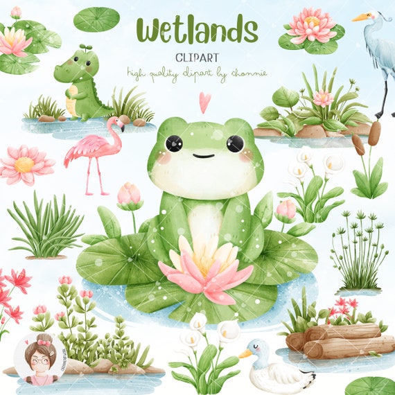 Watercolor Wetlands clipart, Ciute Swamp Clipart, Cute Frog Clipart, Wetland Animals Clipart,Nature Clipart, Water Lily Clipart