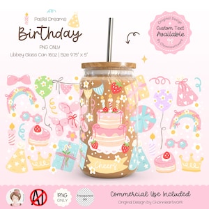 May include: A pastel pink and blue birthday themed design for a 16oz glass can with a straw. The design features a cake with candles, balloons, presents, and a rainbow. The text "Cheers" is written on the can.