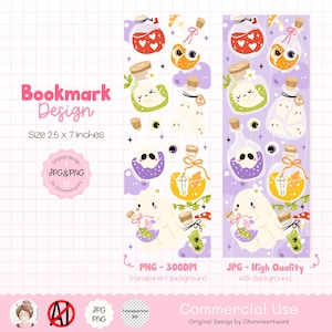 May include: Two bookmark designs with a whimsical Halloween theme. The bookmarks feature illustrations of potion bottles, ghosts, and skulls. The text "Bookmark Design" and "Size 6.35 cm x 17.78 cm" are visible. The design includes the text "JPG & PNG" and "Commercial Use".