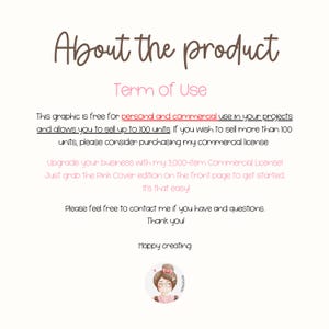 May include: A digital graphic with text stating "About the product" and "Term of Use." The text details the graphic's free use for personal and commercial projects, permitting sales up to 100 units. Features a cartoon image of a woman.