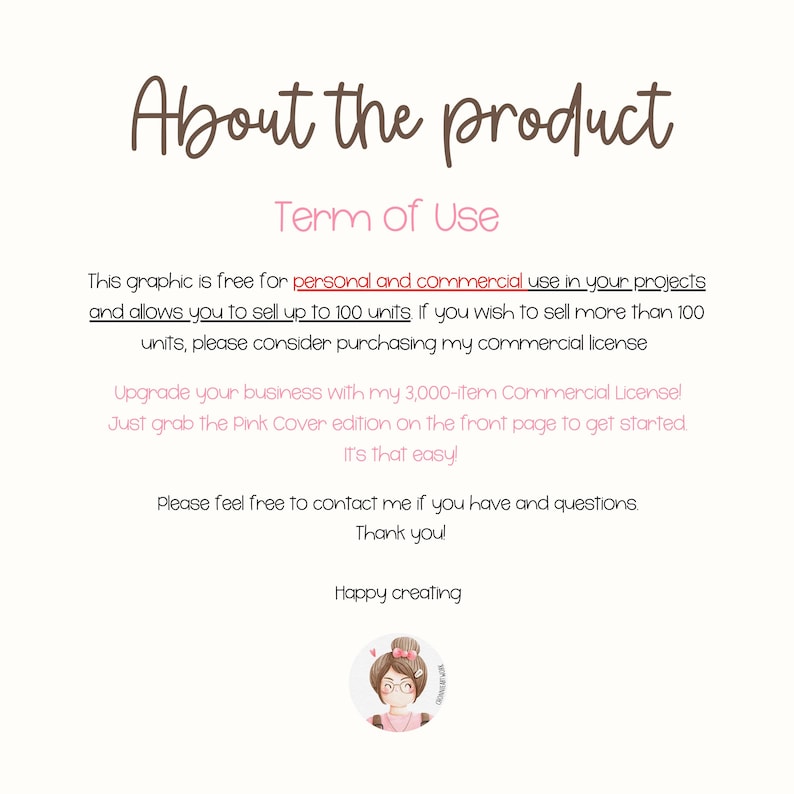 May include: A digital graphic with text stating "About the product" and "Term of Use." The text details the graphic's free use for personal and commercial projects, permitting sales up to 100 units. Features a cartoon image of a woman.