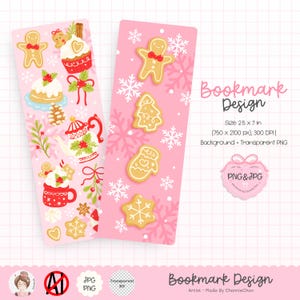 Op de afbeelding: Twee roze kerstthema bladwijzers met peperkoekjes en feestelijke illustraties. Eén bladwijzer heeft een peperkoekmannetje, cupcake, theepot en mok. De andere heeft peperkoekjes in de vorm van een peperkoekmannetje, boom, want en sneeuwvlok.