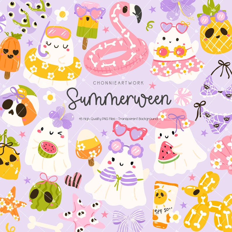 May include: A whimsical digital illustration with a light purple background features various summer and Halloween-themed elements. Includes ghosts, a flamingo pool float, ice cream, and a watermelon. The text "Summerween" is displayed in the center.