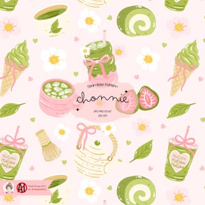 May include: A seamless pattern featuring matcha-themed illustrations on a pink background. The design includes matcha drinks, ice cream cones, a whisk, and a roll cake, along with flowers and leaves. The text "chonnie" is also present.