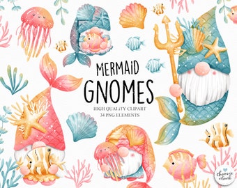 Gnome mermaid clipart, mermaid clipart, gnome clipart, mermaid gnome clipart, ocean gnome clipart