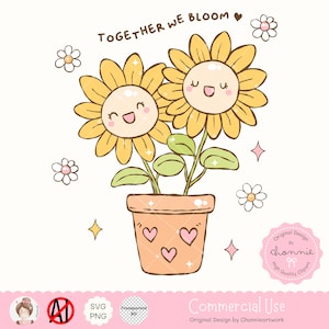 Puede incluir: Dos girasoles de dibujos animados sonrientes en una maceta de terracota con corazones rosas. Los girasoles son amarillos con hojas verdes y están en una maceta con un fondo blanco. El texto "Together We Bloom" está por encima de los girasoles.