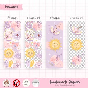 May include: A set of four bookmark designs. Two designs feature a sun, moon, butterfly, and other celestial elements in pastel colors. The other two designs are transparent. The text "Bookmark Design" is visible.