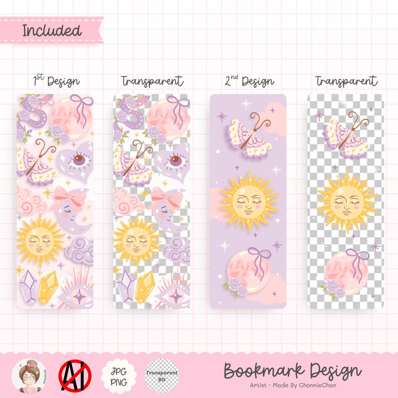 May include: A set of four bookmark designs. Two designs feature a sun, moon, butterfly, and other celestial elements in pastel colors. The other two designs are transparent. The text "Bookmark Design" is visible.