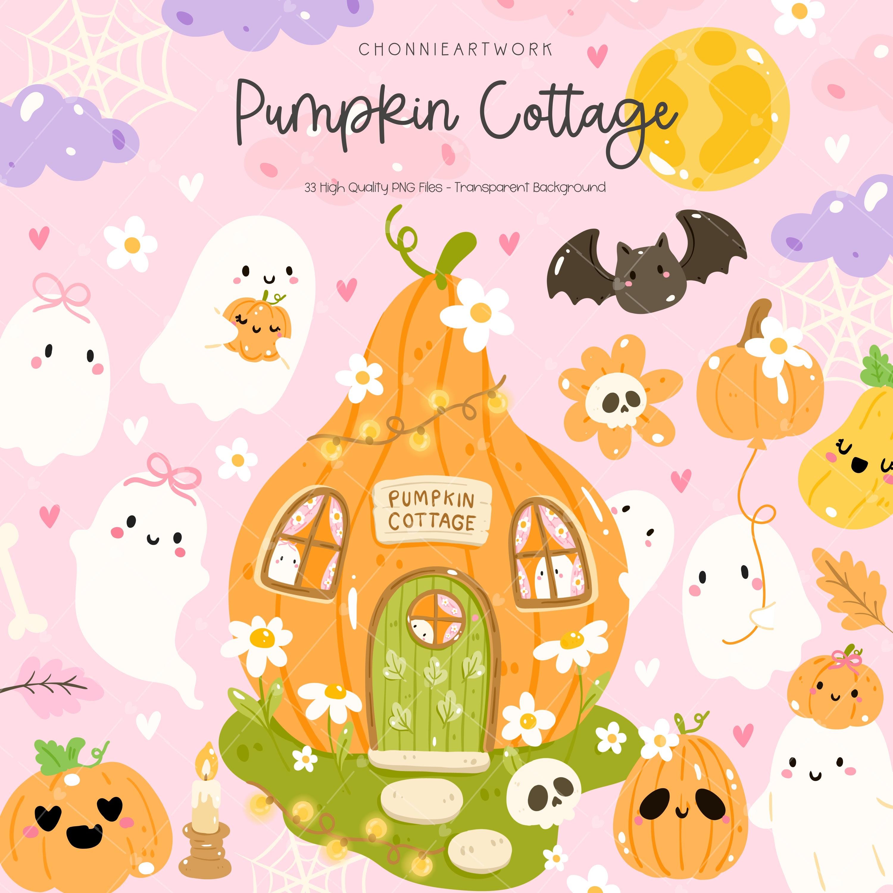Pumpkin Cottage Clipart Set, Cute Ghost PNG, Ghostly Pumpkin, Halloween Aesthetics, Pumpkin Ghost Illustration, Pastel Halloween Gift