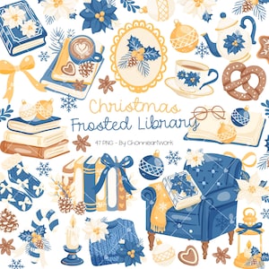 Pu&ograve; includere: Illustrazione natalizia con elementi blu, bianchi e oro. L'immagine include libri, ornamenti, un maglione, una poltrona e il testo "Christmas Frosted Library".