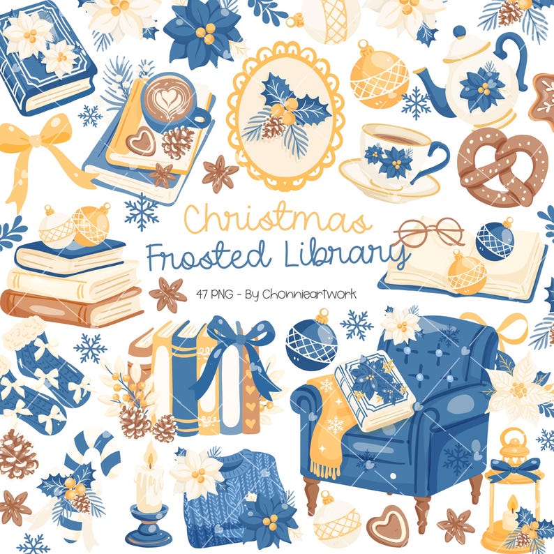 Pu&ograve; includere: Illustrazione natalizia con elementi blu, bianchi e oro. L'immagine include libri, ornamenti, un maglione, una poltrona e il testo "Christmas Frosted Library".