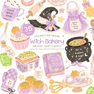 Peut inclure: Une collection d'illustrations numériques intitulée Witch Bakery comprenant 35 motifs de cliparts sur le thème d'Halloween, dont un mug violet, un chapeau de sorcière, un tablier, un chaudron, un grimoire, des cupcakes et des ustensiles.