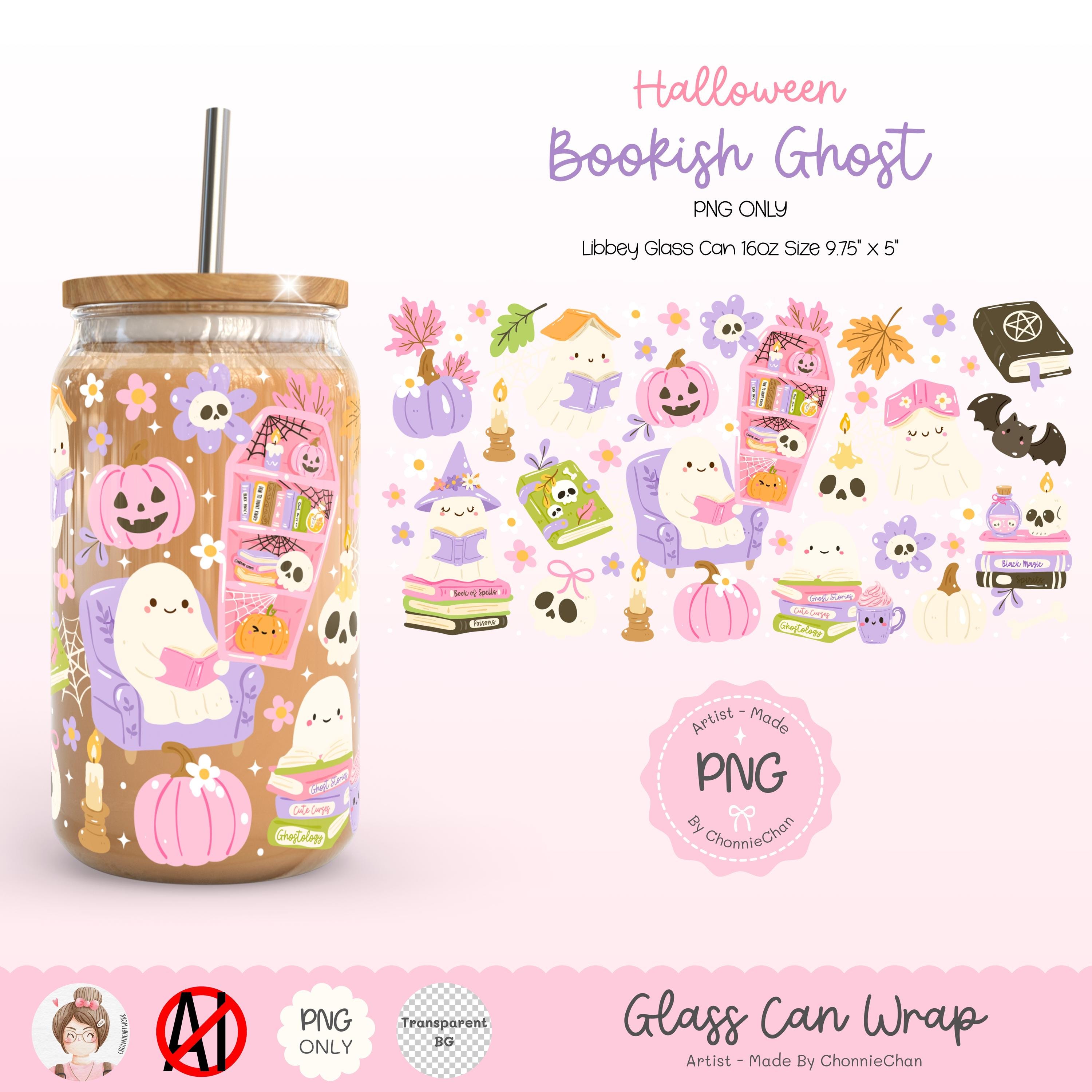 Halloween Bookish Ghost Library PNG Wrap, Cute Ghost Reading Glass Can ...